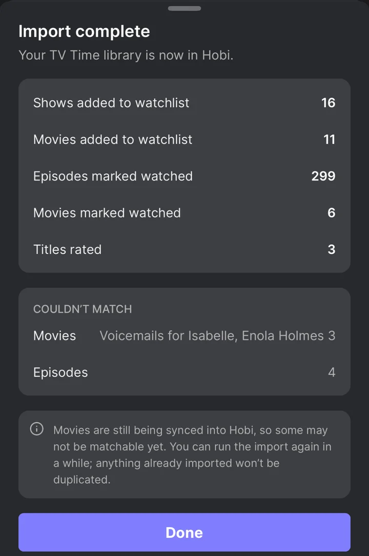 Hobi's import report after a TV Time import: shows and movies added to the watchlist, episodes marked watched, titles rated