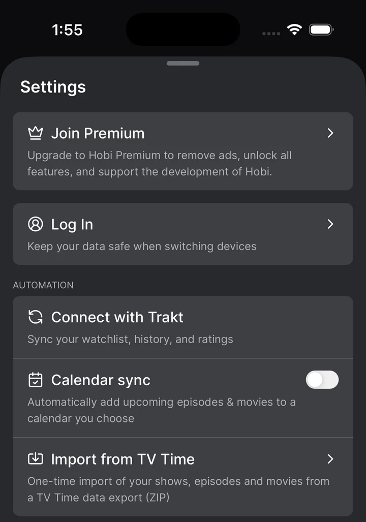 Hobi's Settings screen with the Import from TV Time option highlighted